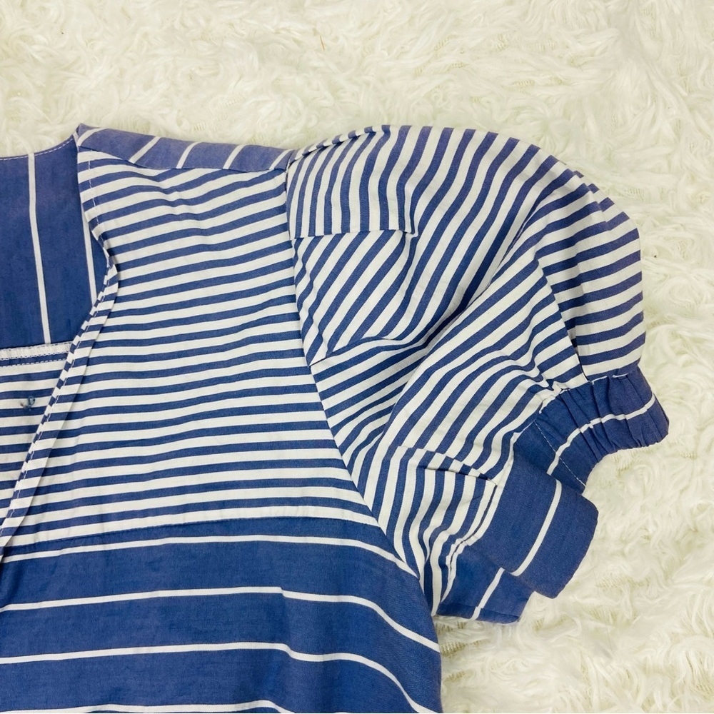 NEW YORK & COMPANY navy & white striped tie waist wrap puff sleeve blouse SZ S - Picture 5 of 14